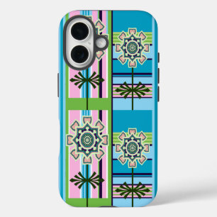 Funda iPhone 16 Patrones geométricos retro y flores de fantasía