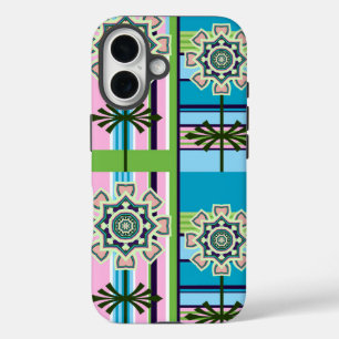 Funda iPhone 16 Patrones geométricos retro y flores de fantasía