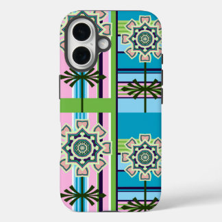 Funda iPhone 16 Patrones geométricos retro y flores de fantasía