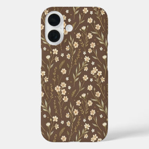 Funda iPhone 16 Pattern Wildflowers Brown Background