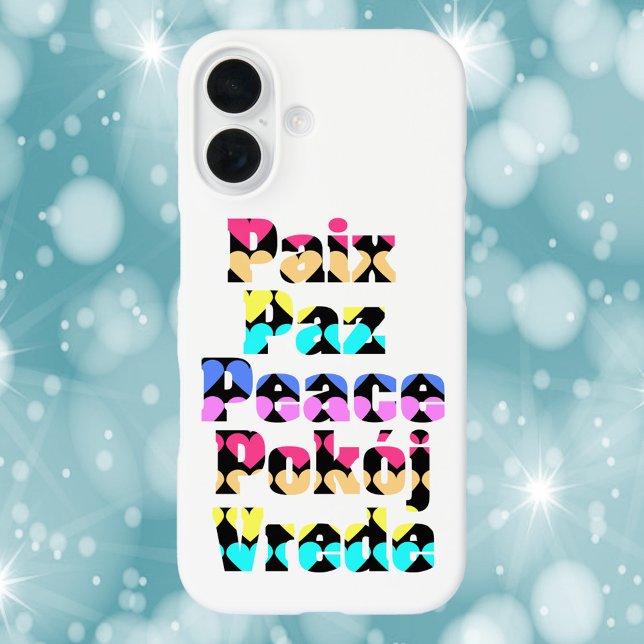 Funda iPhone 16 Paz en muchos idiomas brillantes corazones (A phone case that says peace in different languages with a heart pattern)