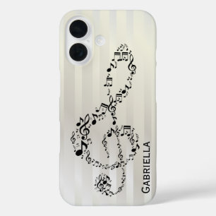 Funda iPhone 16 Pearlesque Stripes Black Treble Clef Music Notes