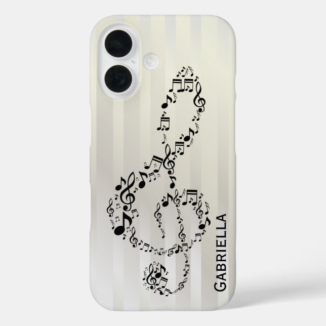 Funda iPhone 16 Pearlesque Stripes Black Treble Clef Music Notes (Reverso )