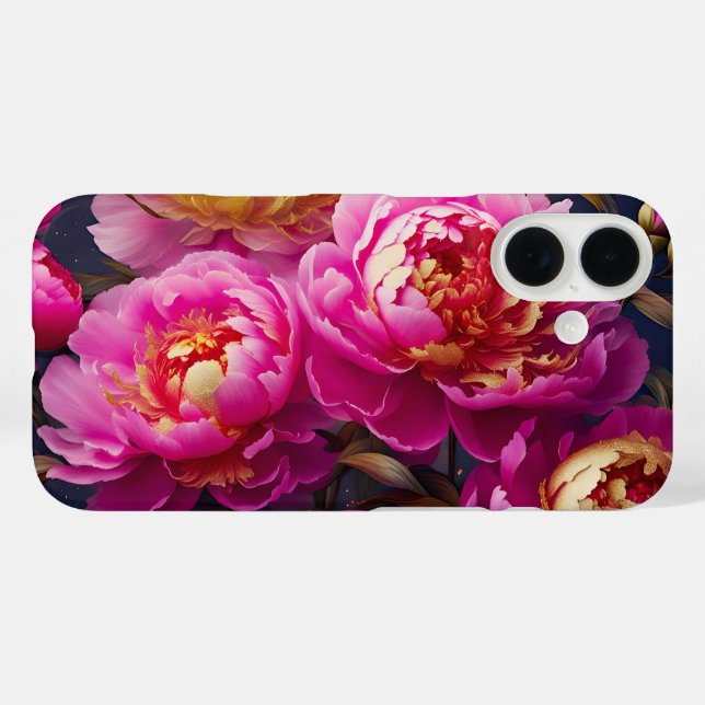 Funda iPhone 16 peonías rosas preciosas con acentos dorados (Reverso (Horizontal))