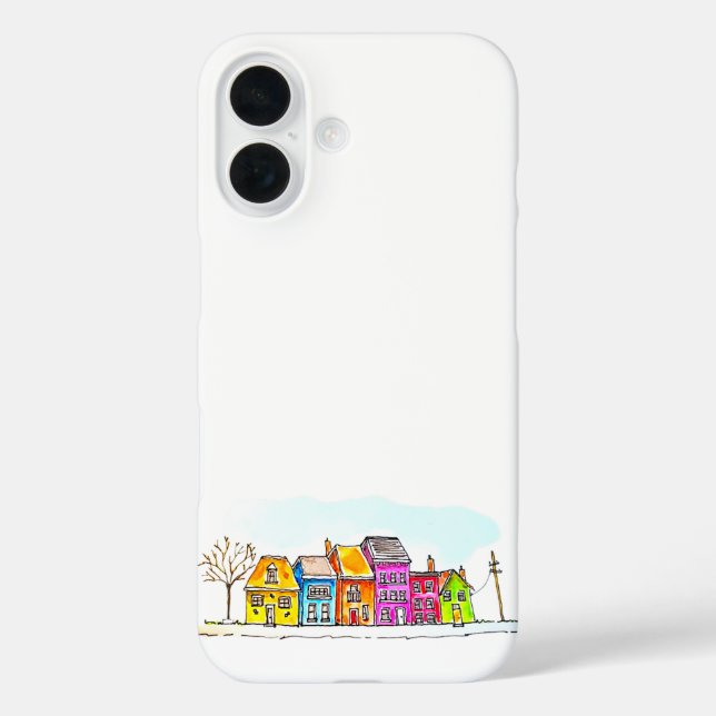 Funda iPhone 16 Pequeña fila de casas coloridas (Reverso )