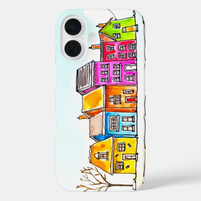 Funda iPhone 16 Pequena hilera de casas coloridas (Reverso )