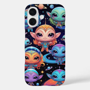 Funda iPhone 16 Pequeños alienígenas multicolores en el espacio