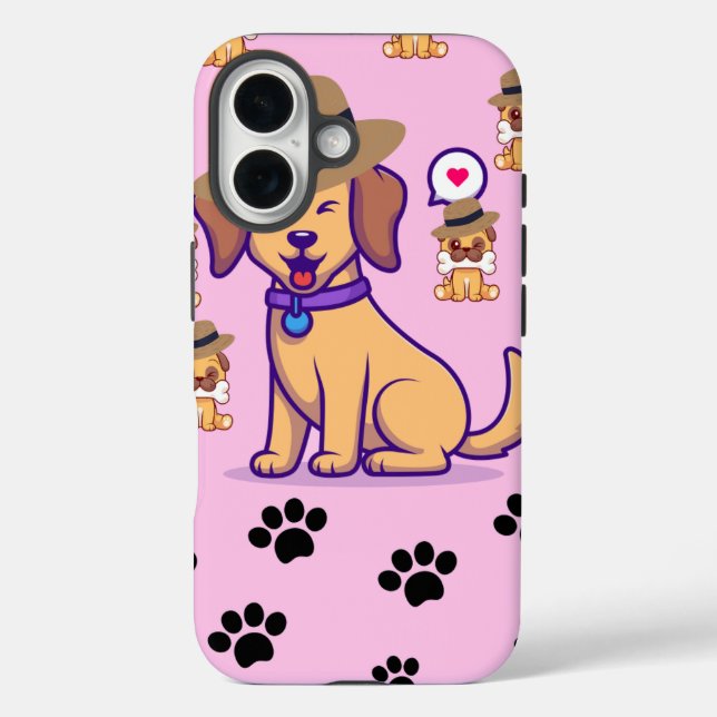 Funda iPhone 16 Perrito Lindo con Sombrero y Patrón de Huellas (Reverso )
