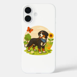 Funda iPhone 16 Perro de montaña de Berna lindo con girasol y mant