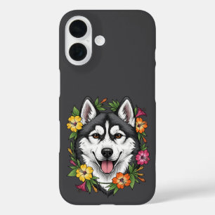 Funda iPhone 16 Perro de Trineo Husky y Flores Coloridas de Mirabl