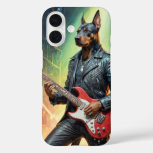 Funda iPhone 16 Perro doberman tocando guitarra en un escenario de