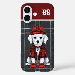 Funda iPhone 16 perro escocés divertido vestido - monograma - cuad