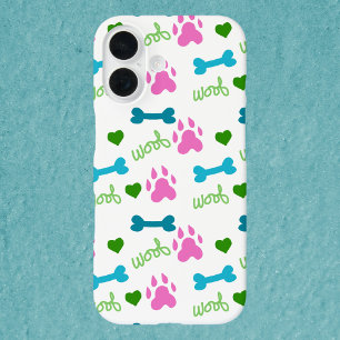 Funda iPhone 16 Perro Paw Imprimir Huesos Corazones Woof Blue Gree