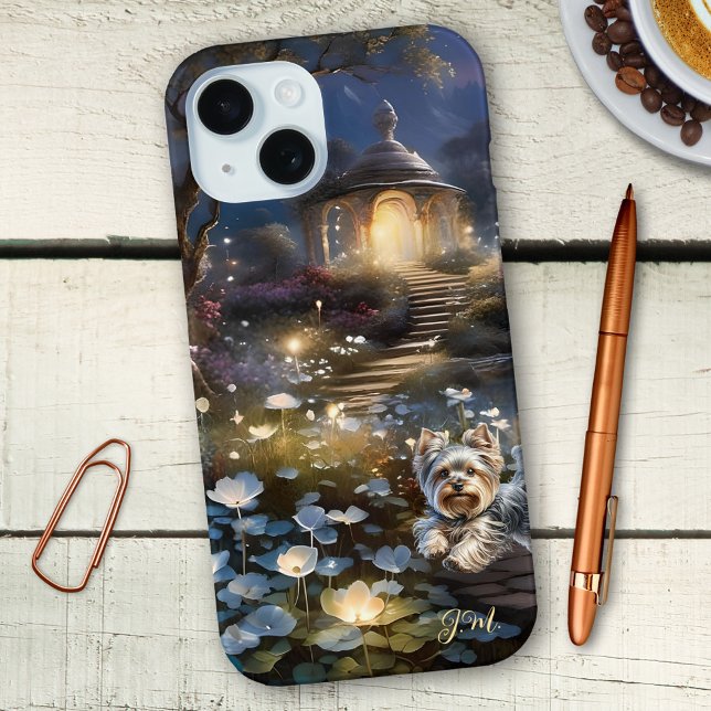 Funda iPhone 16 Perro romántico de cola de hadas gazebo (Fantasy phone case featuring a fairy tale garden with sparkling lights and a cute terrier dog )