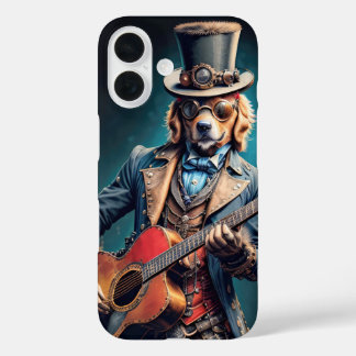 Funda iPhone 16 Perro Steampunk Golden Retriever tocando guitarra