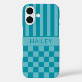 Funda iPhone 16 Personalizado a cuadros y rayas verde azulado
