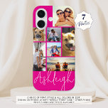 Funda iPhone 16 Personalizado Collage de fotos Hot Pink personaliz<br><div class="desc">Crea tu propio estuche de teléfono celular fotográfico a color personalizado personalizado utilizando esta plantilla de collage de fotos fácil de cargar con 7 imágenes en diferentes tamaños y formas y tu nombre en tu elección de estilo de letra y todos los colores (se muestra con un tipo de letra...</div>