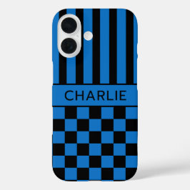 Funda iPhone 16 Personalizado con Cuadros Negros y Azules Rayados