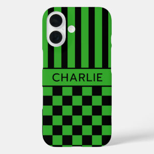 Funda iPhone 16 Personalizado con cuadros negros y verdes rayados