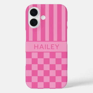 Funda iPhone 16 Personalizado con Cuadros Rosados y Rayas
