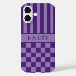Funda iPhone 16 Personalizado con Cuadros y Rayas Moradas