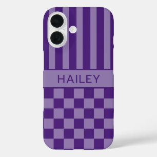 Funda iPhone 16 Personalizado con Cuadros y Rayas Moradas