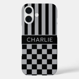 Funda iPhone 16 Personalizado con Cuadros y Rayas Negras y Grises