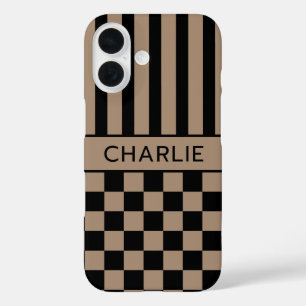 Funda iPhone 16 Personalizado con Cuadros y Rayas Negro y Marrón