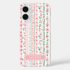 Funda iPhone 16 Personalizado con flores rayas rosadas