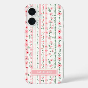 Funda iPhone 16 Personalizado con flores rayas rosadas