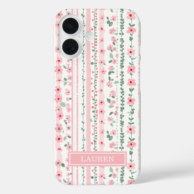 Funda iPhone 16 Personalizado con flores rayas rosadas (Reverso )