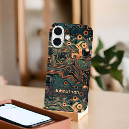 Funda iPhone 16 Personalizado de la placa del circuito Verde azula