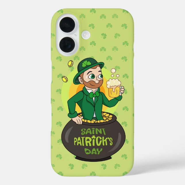 Funda iPhone 16 Personalizado leprechaun en una olla de oro sosten (Reverso )