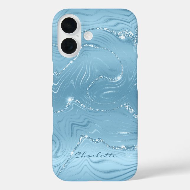 Funda iPhone 16 Personalizado Moda Azul Plata Purpurina Patrón Gir (Reverso )