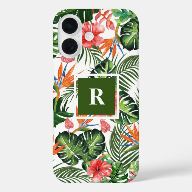 Funda iPhone 16 Personalizado Moda Monogramada Patrón tropical Ver (Reverso )