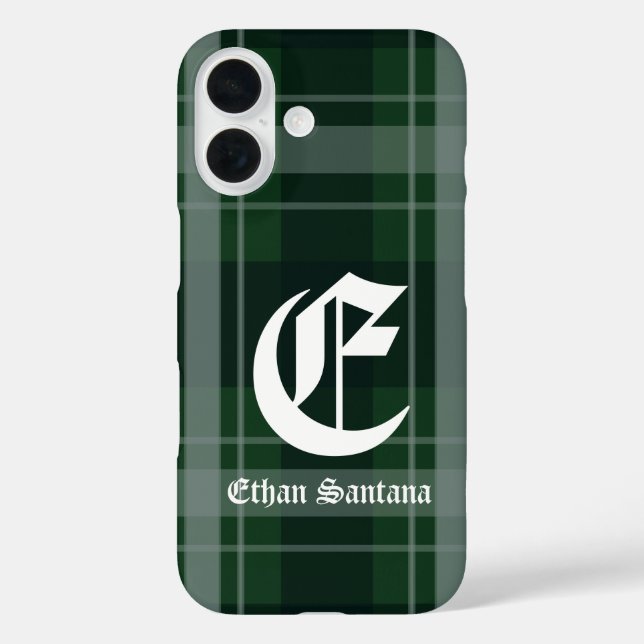 Funda iPhone 16 Personalizado Monograma Dark Green Plaid (Reverso )