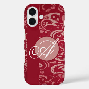Funda iPhone 16 Personalizado Monograma Floral rojo oscuro ornamen
