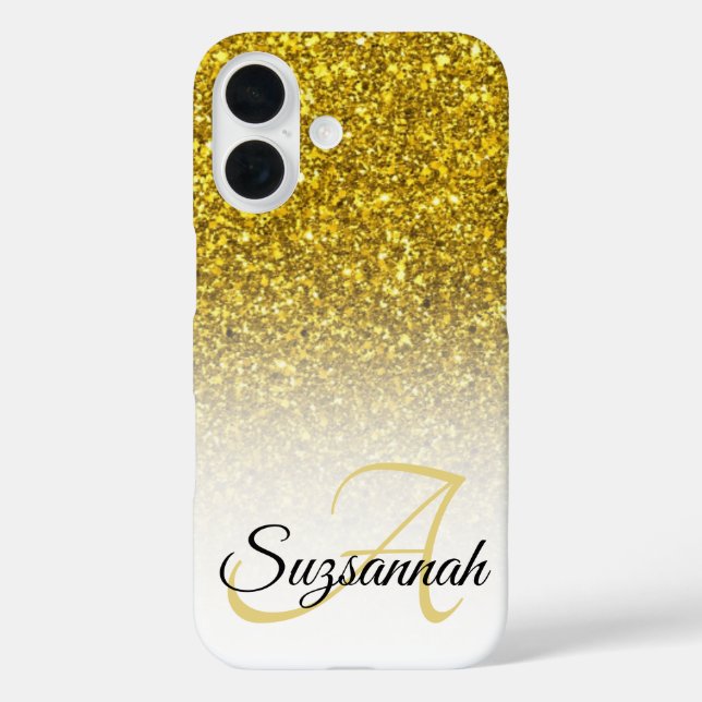 Funda iPhone 16 Personalizado Monograma Nombre Purpurina Oro Ombre (Reverso )