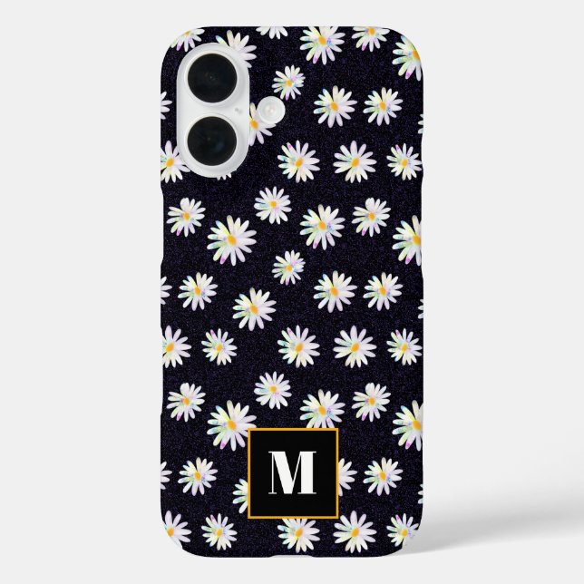 Funda iPhone 16 Personalizado Monograma Purpurina holográfico Flor (Reverso )