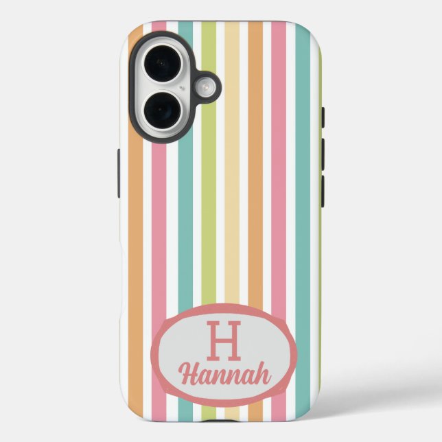 Funda iPhone 16 Personalizado Nombre Monograma Tiras Pastel Alegre (Reverso )