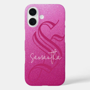 Funda iPhone 16 Personalizado Purpurina inicial y rosa de nombre