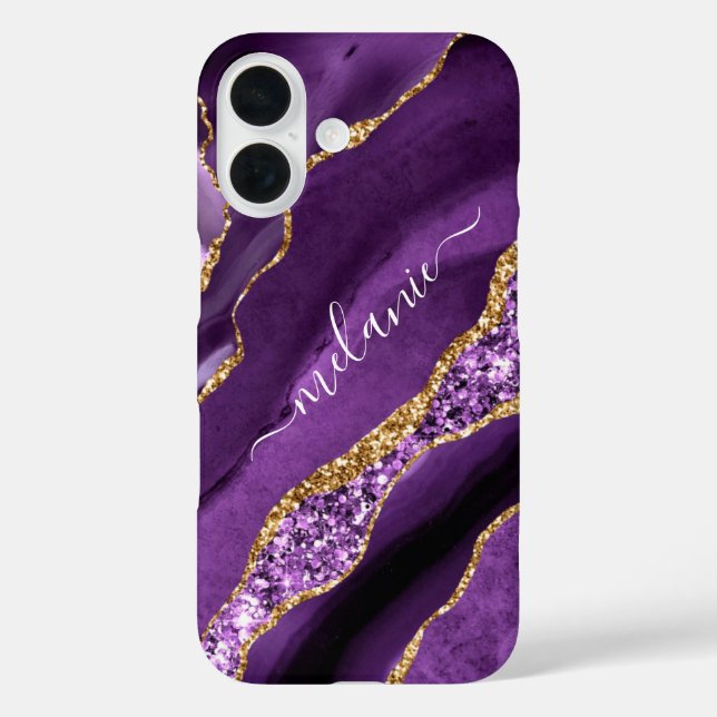 Funda iPhone 16 Personalizado Su Nombre Purple Gold Purpurina Marb (Reverso )