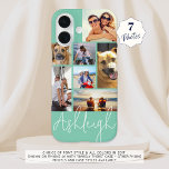 Funda iPhone 16 Personalizado turquesa de Collage de fotos 7 perso<br><div class="desc">Crea tu propio estuche de teléfono celular de fotos en color personalizado personalizado utilizando esta plantilla de collage de fotos fácil de cargar con 7 imágenes en diferentes tamaños y formas y tu nombre en tu elección de estilo de letra y todos los colores (se muestra con un tipo de...</div>