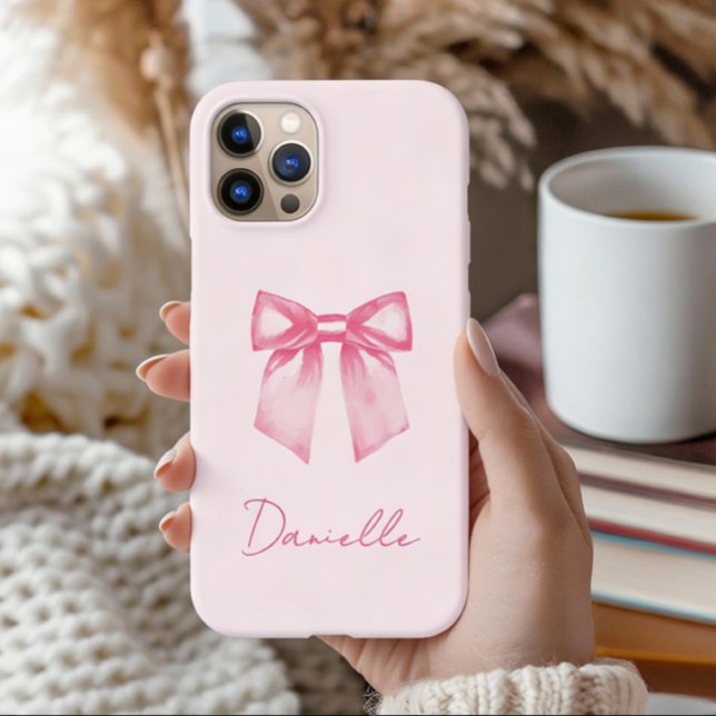 Funda iPhone 16 Personalized Modern Elegant Pink Bow (Barely there iphone case is shown on image. Add your name and choose the one for your iphone model.)