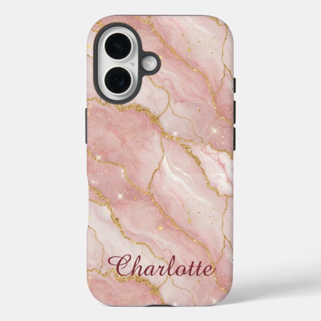 Funda iPhone 16 Personalized Modern Rose Quartz Marble Gold (Reverso )