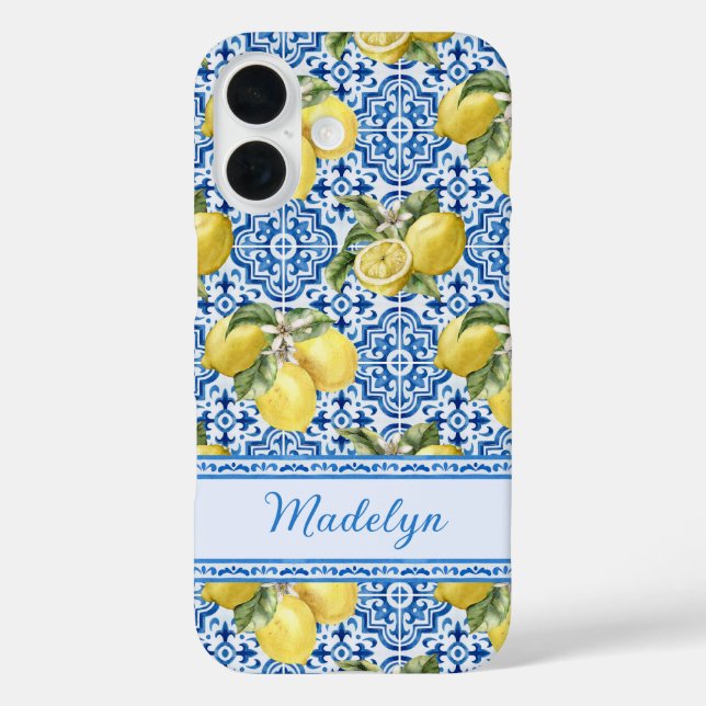 Funda iPhone 16 Personalized Name Blue Tile Mediterranean Lemon (Reverso )