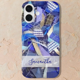 Funda iPhone 16 Personalized Name Blue White Lilac Abstract Stripe