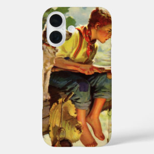 Funda iPhone 16 Pesca Vintage, Niño con su Cachorro y Lombrices