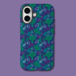 Funda iPhone 16 Pescado y burbujas Vibrante Patrón de arrecifes