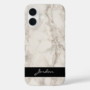 Funda iPhone 16 Piedra de mármol blanco pulido con nombre